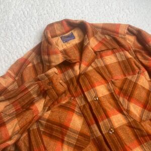 50s 60s men's Pendleton orange brown flannel loop collar work wool‎ shirt L